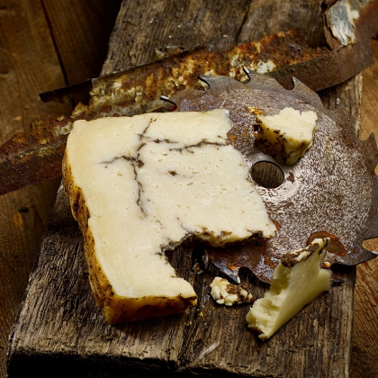 hård ost som ligger på ett såg blad, ostbricka